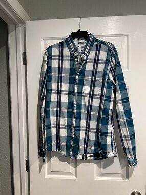 Express Teal and White Plaid Button-Down Shirt